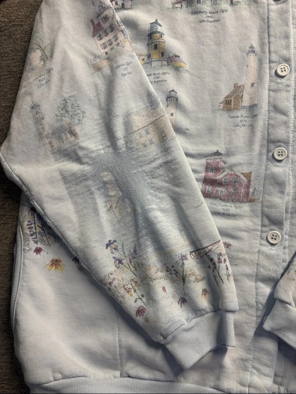 Vintage Lighthouse Print Button-Up Sweatshirt – Soft Coastal Graphic - Picture 4 of 5